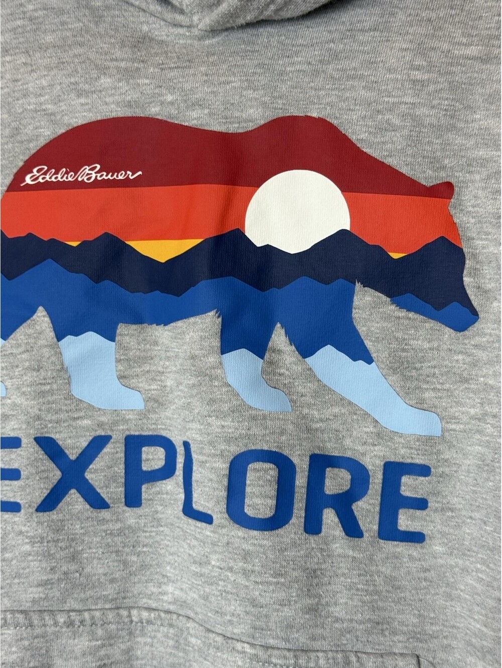 Eddie Bauer Hoodie Kids 10-12 Gray Explore Bear Graphic Fleece Pullover - Picture 3 of 5